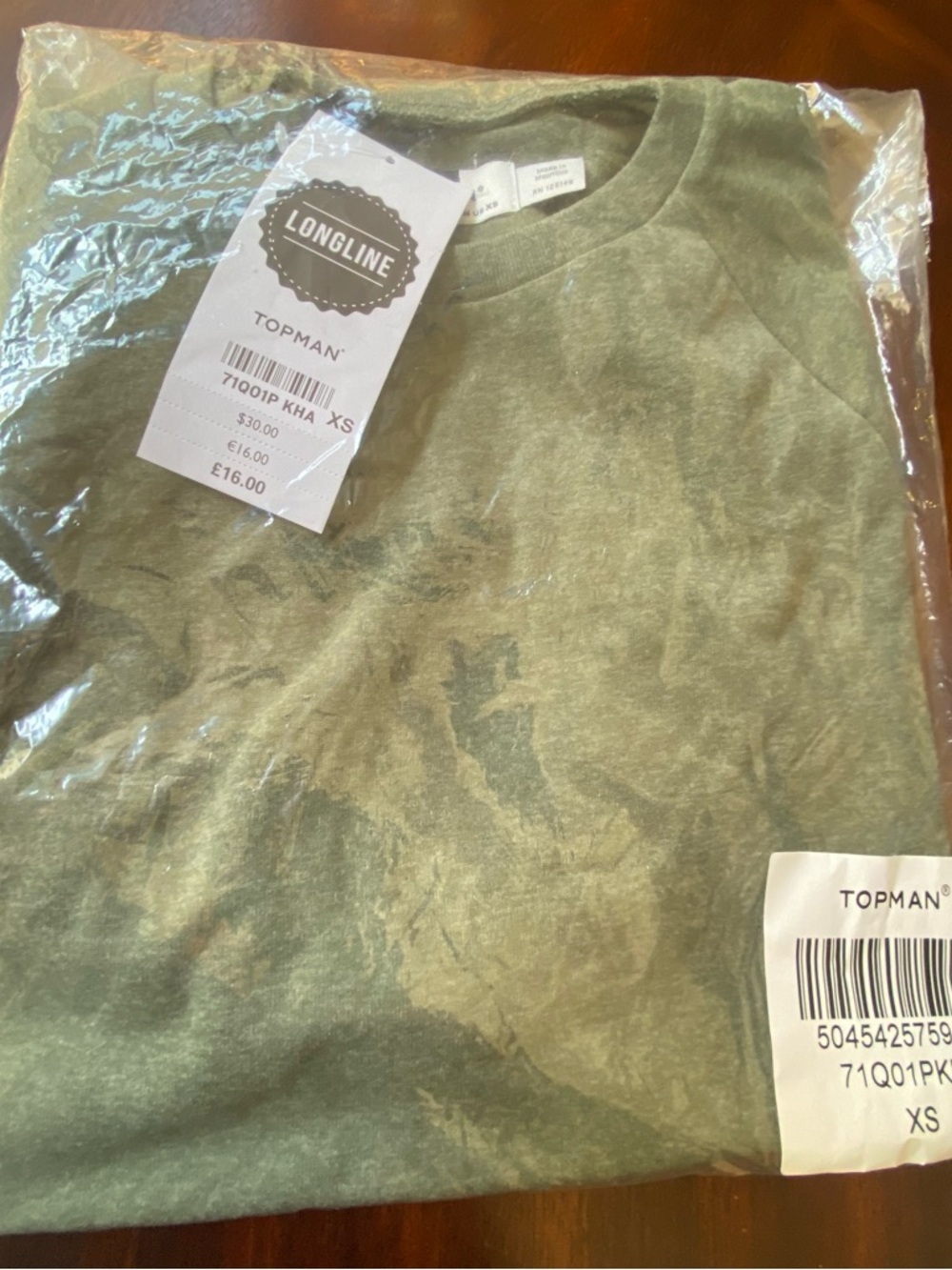 Topman Khaki Green Longline Crew shirt - side zip -XS-nwt